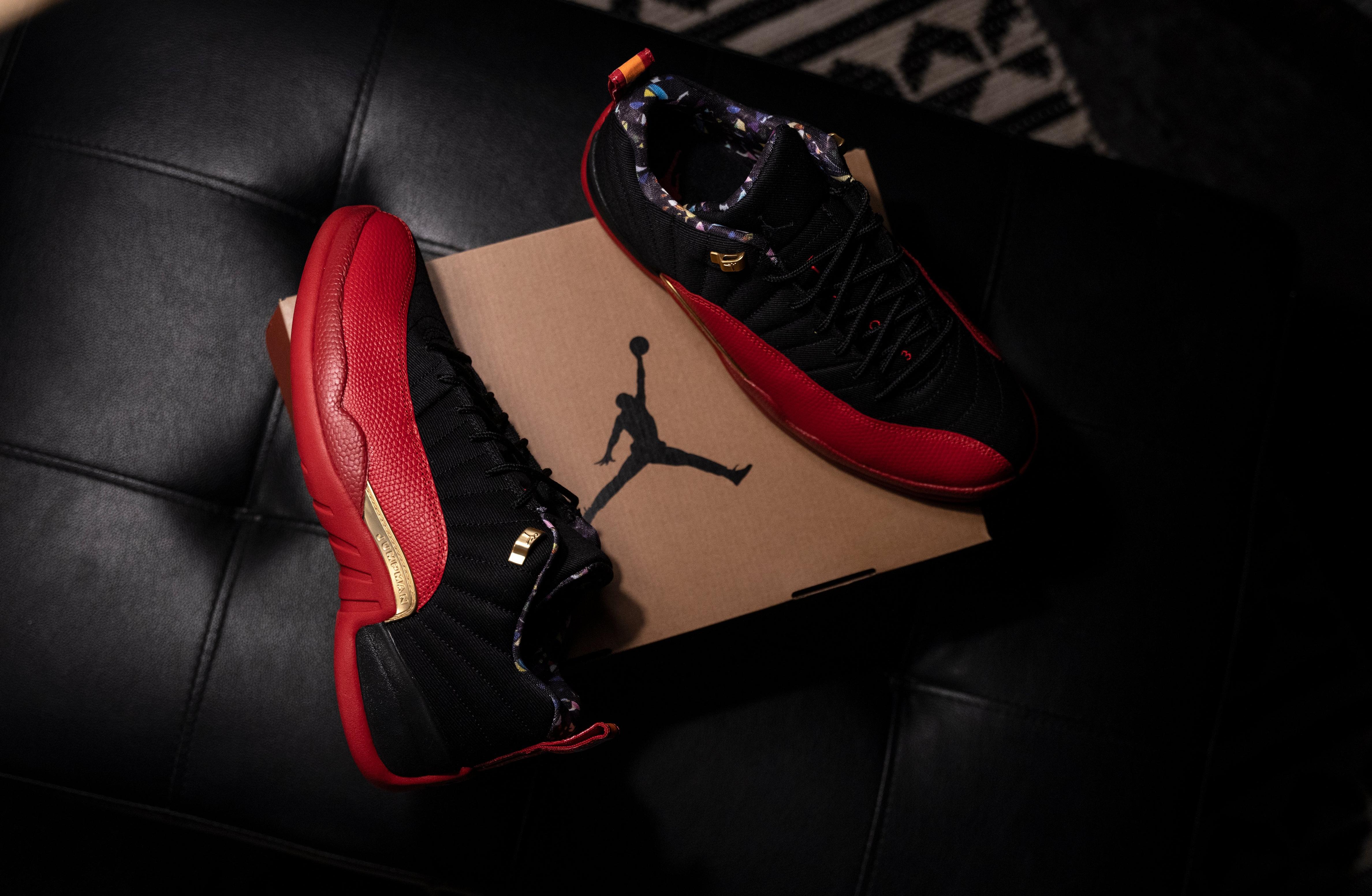 Close up of metal accents and sockliner on the Air Jordan 12 Retro "Super Bowl" colorway, launching on 2/6/21