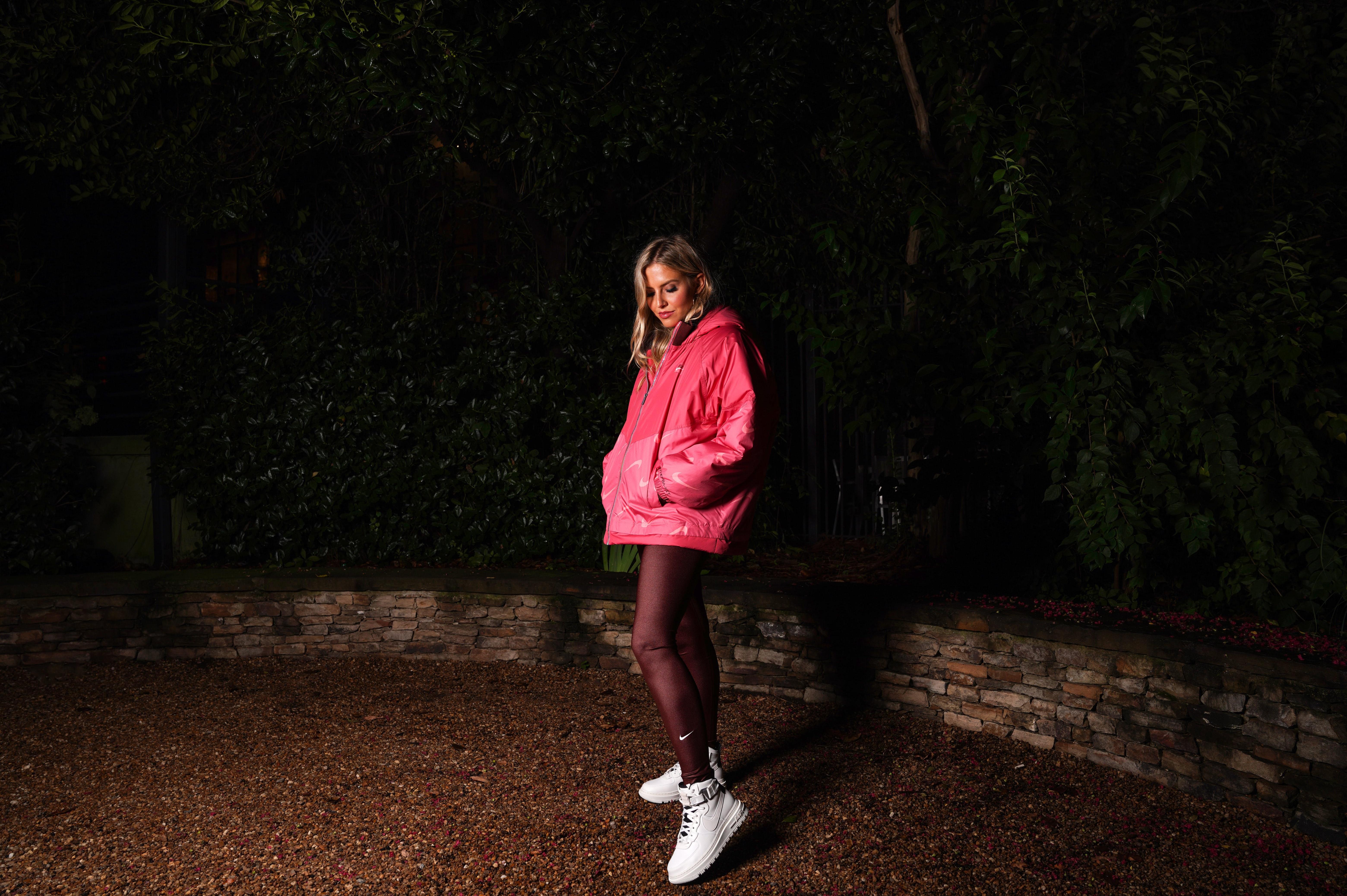 Nike Women's Pink Jacket, Nike Maroon Leggings, and High-top Women's White Sneakers