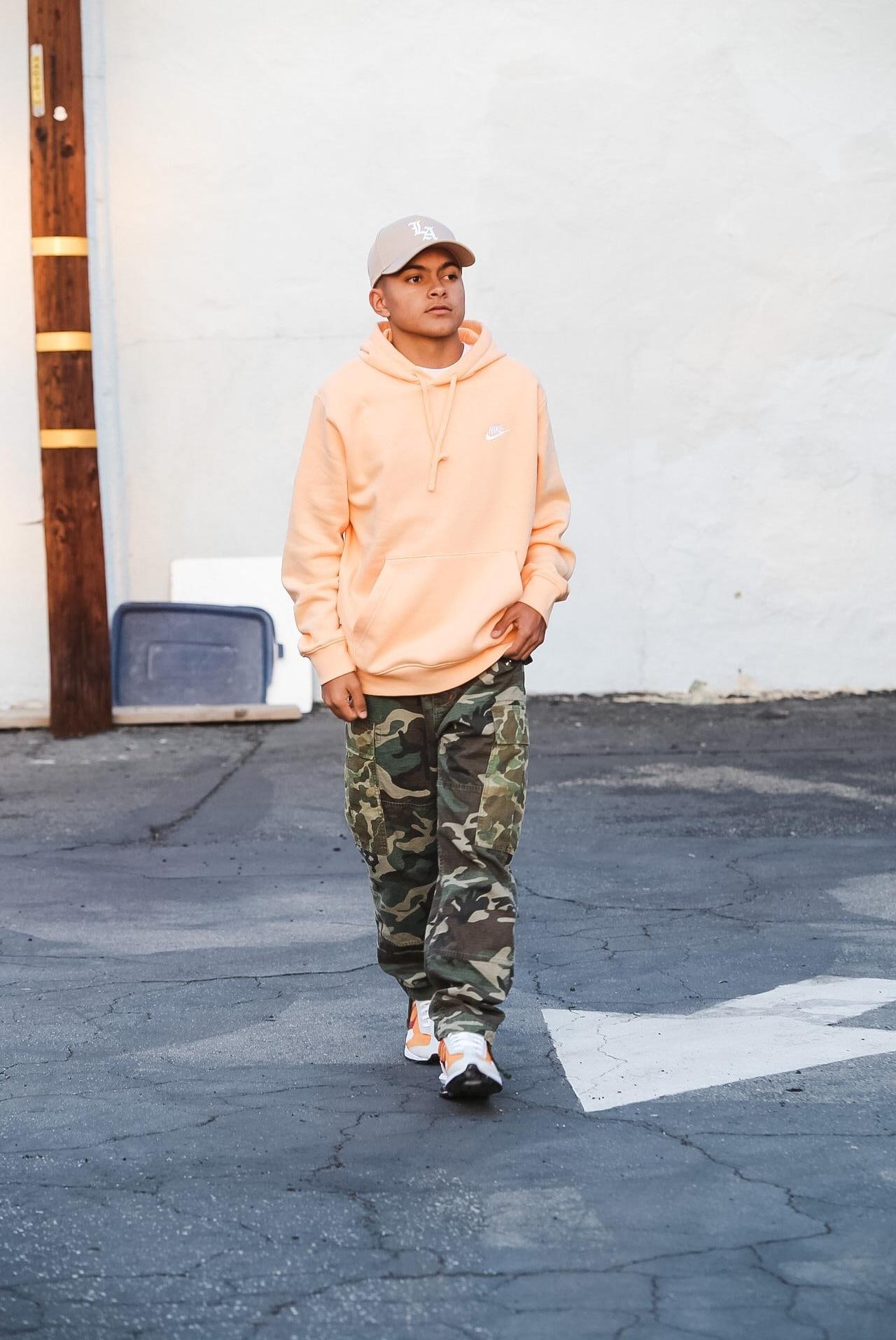 Mens' Cargo Pants, Nike Hoodie, and LA Hat