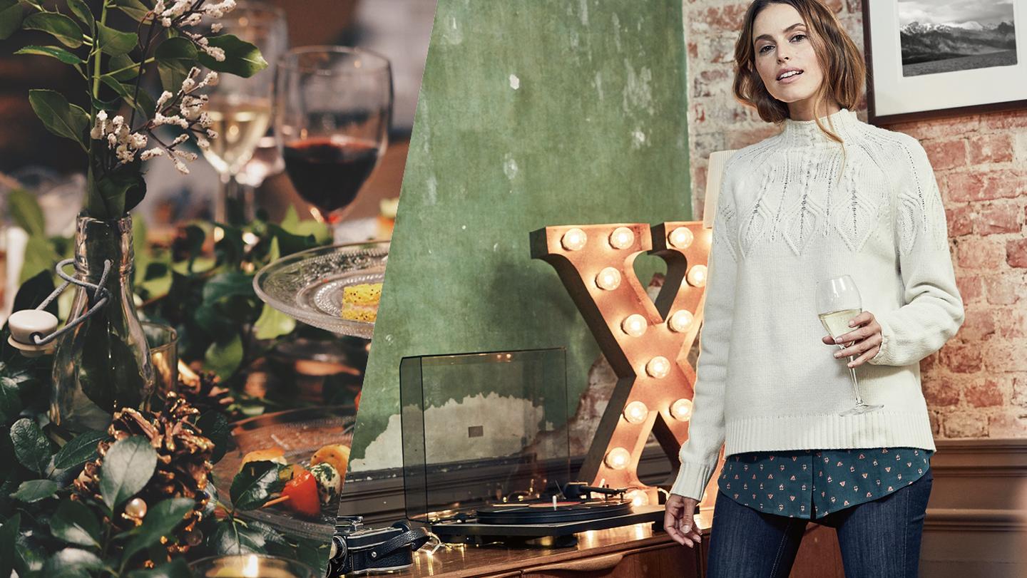 A perfectly laid out dinner table at Christmas, with a model wearing a white cable jumper and skinny jeans