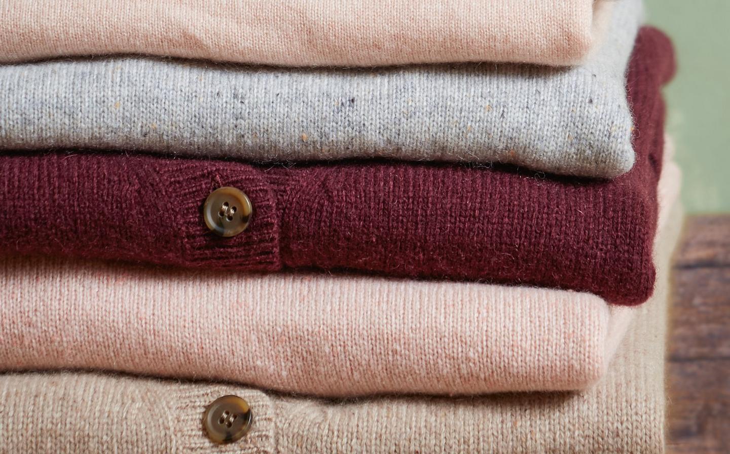 A neatly folded pile of beautifully soft cashmere knitwear from FatFace