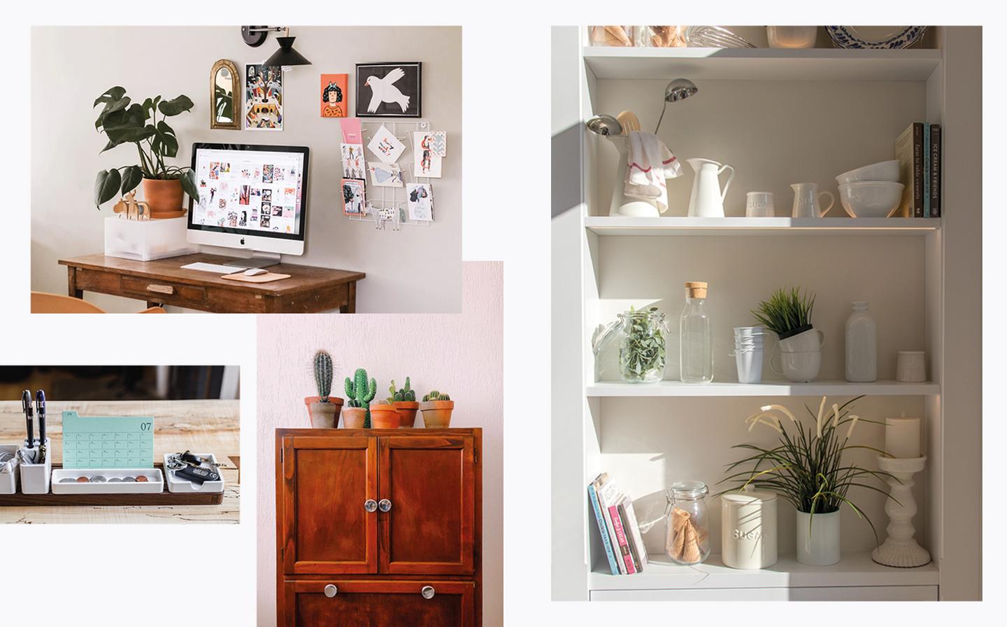 A montage of clear desk spaces, with all clutter tidied away and ornaments neatly positioned