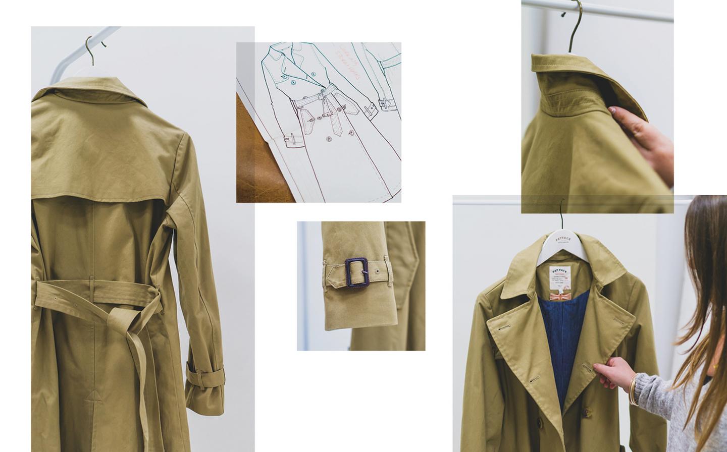 Fashion design sketches and trench coat details