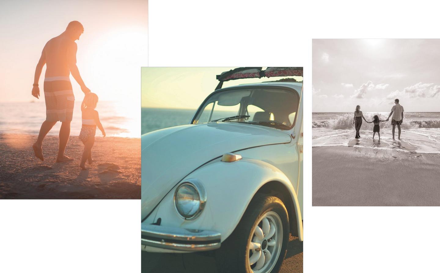 Families walking on the beach and a Volkswagen beetle