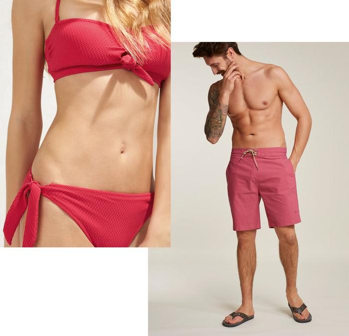 Pink swimwear from FatFace, worn by both a male and female model