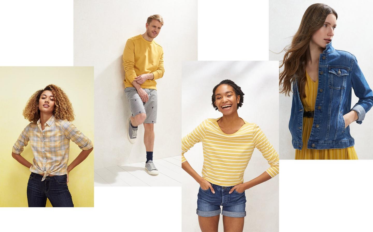 A selection of yellow pieces in the FatFace range, including a check shirt, stripe tee and sweat. 