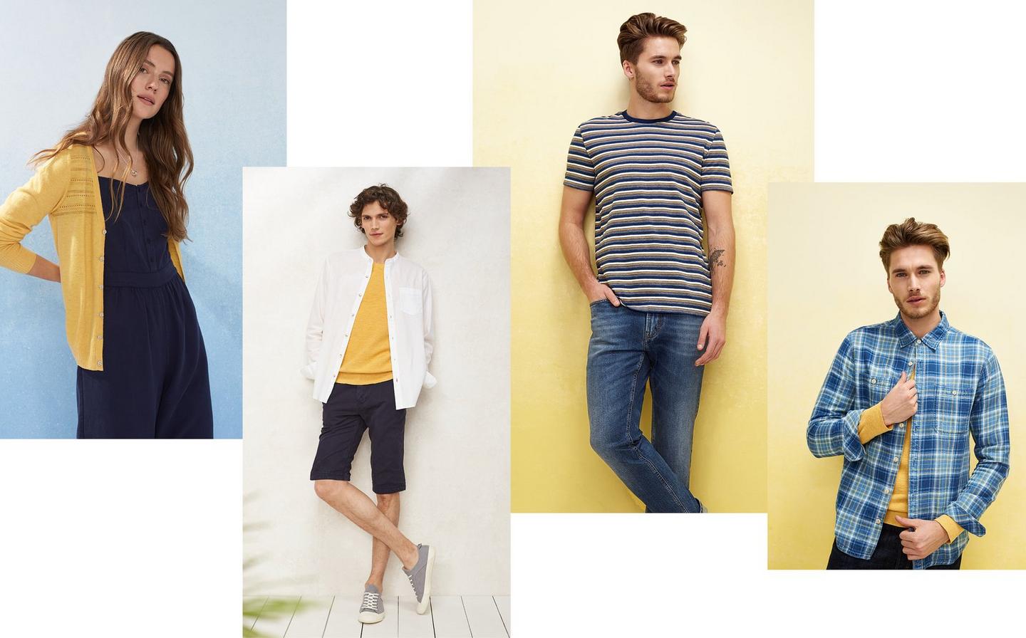 A selection of yellow pieces in the FatFace range, from cardigans to stripe t-shirts.