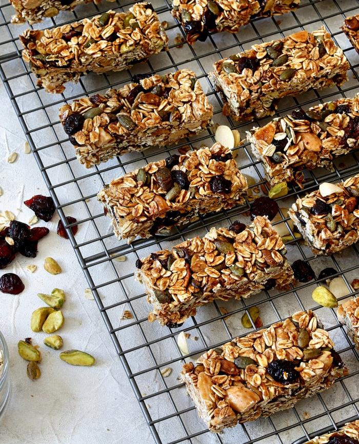 Freshly baked healthy flapjacks placed on a cooling rack.