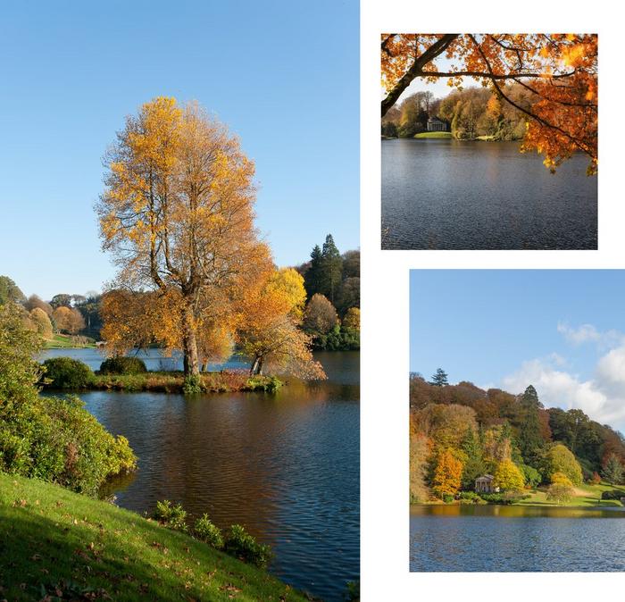 Beautiful autumn trees and the huge lake at Stourhead gardens, Wiltshire.