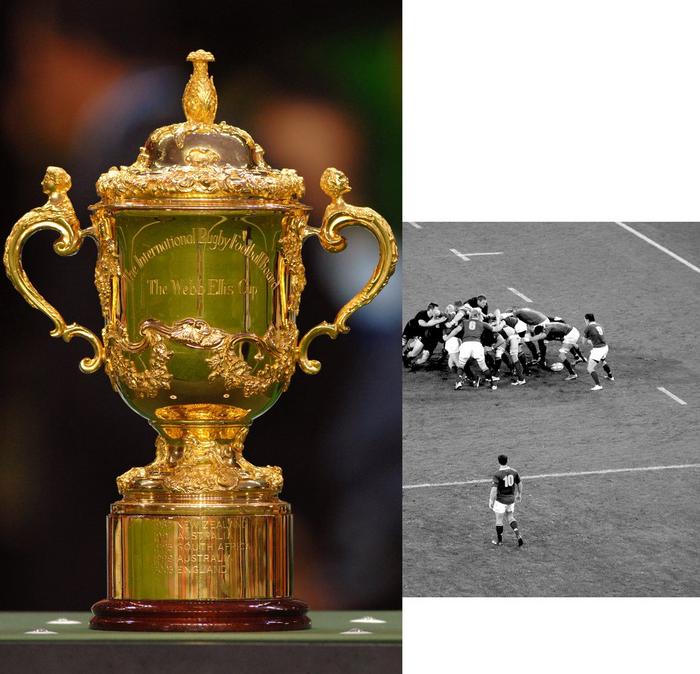 The golden rugby world cup trophy, and a bird’s eye view of a scrum 
