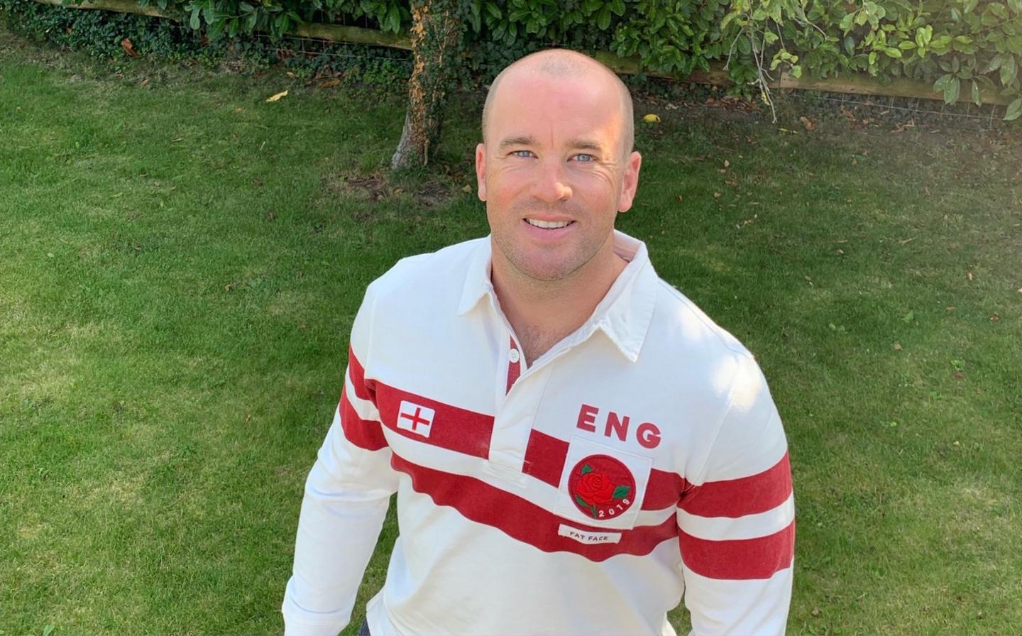 Ex-England rugby player James Simpson-Daniel, wearing an FatFace England Rugby Shirt.