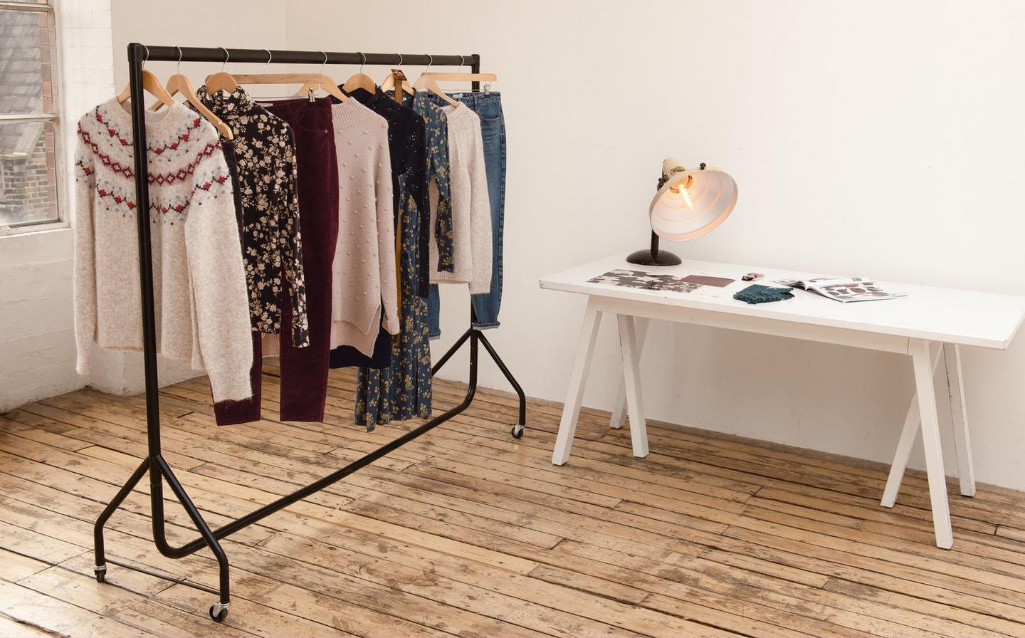 A rack of FatFace clothes, all chosen and styled by UK stylist Angie Smith
