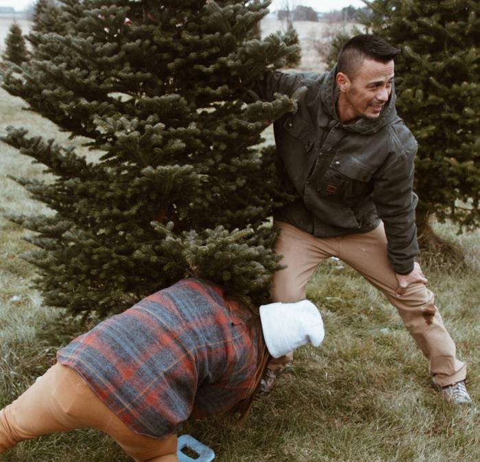 Two men cutting down a Christmas tree