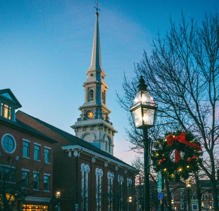 The historic port town of Portsmouth, New Hampshire with Christmas lights.
