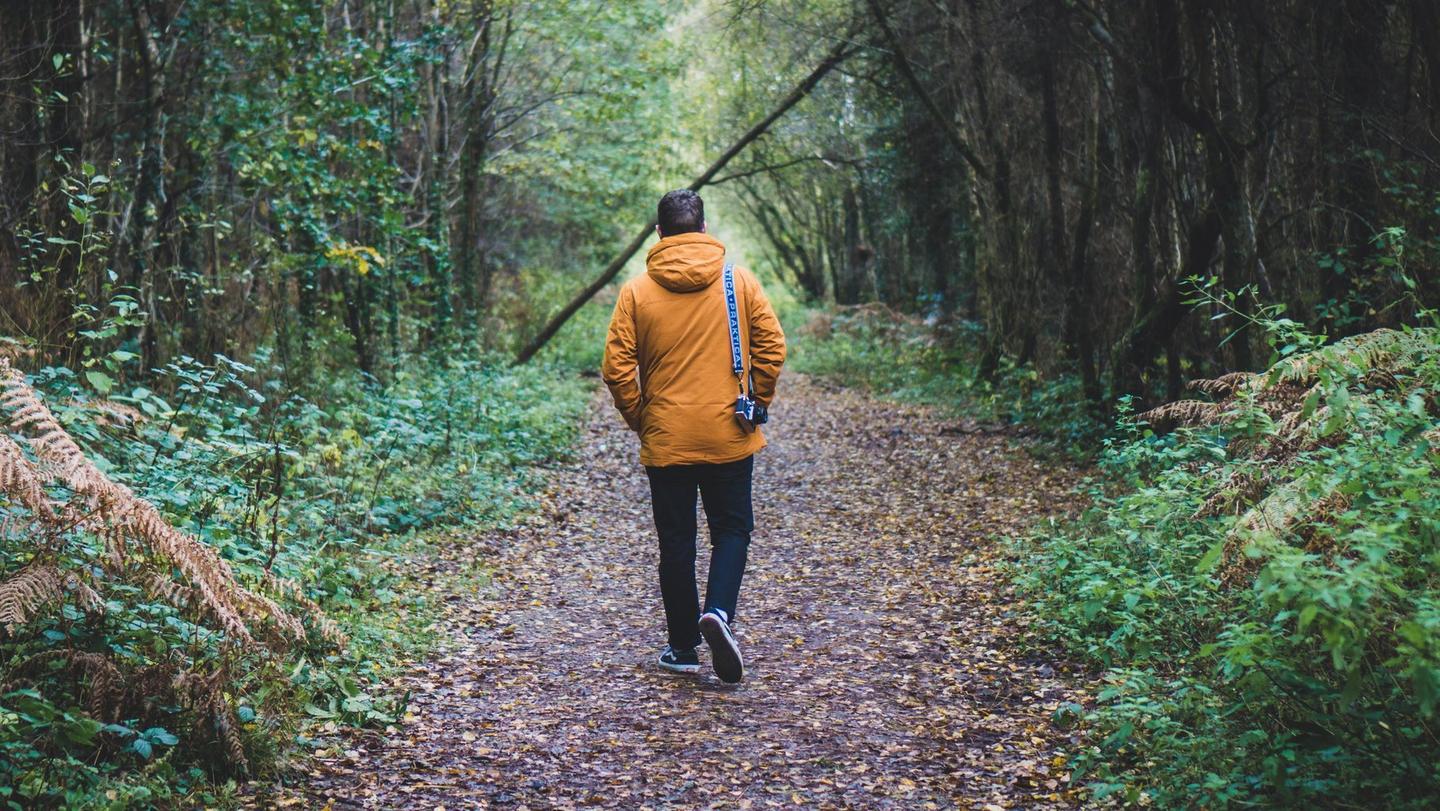 Man walking through a forest in a yellow coat holding a camera
