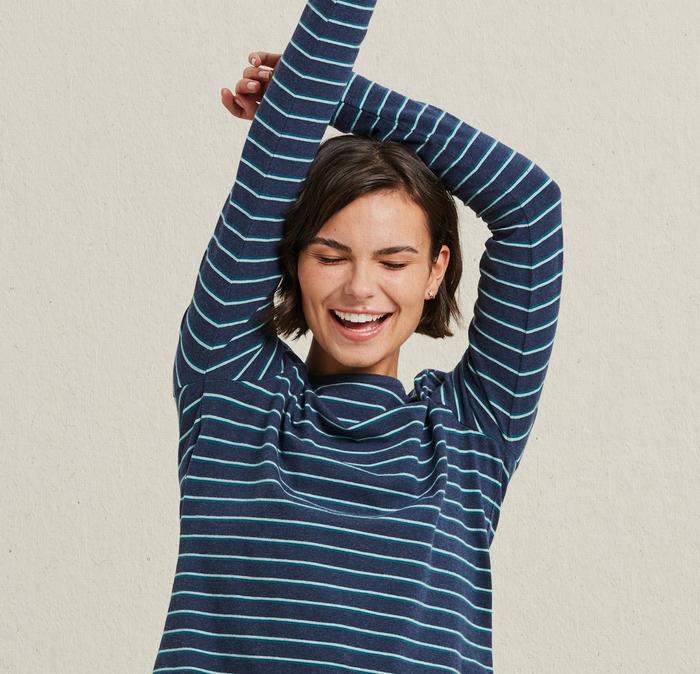 Our bestselling product of 2019, the Organic Cotton Breton Tee, in blue.