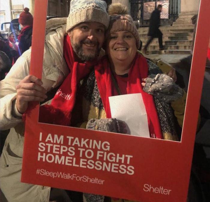 FatFace crew members, Clive and Mandy, wrapped up warm while taking part in the Shelter Sleep Walk, raising £6,664 for charity.