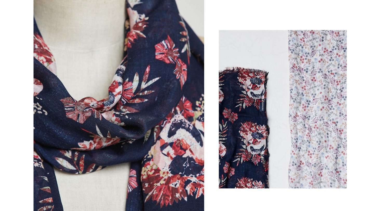 A pair of floral patterned printed scarves, designed by young female designers.