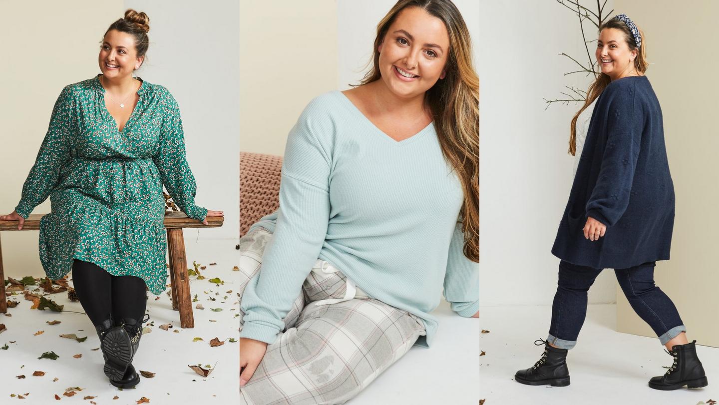 A selection of outfits worn by Instagrammer Abee Hague, including a green floral print dress, PJ set, & blue cardigan & jeans.