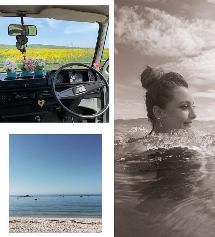 Instagrammer Abee Hague swimming in the sea and a sneak peek of the inside of her campervan.