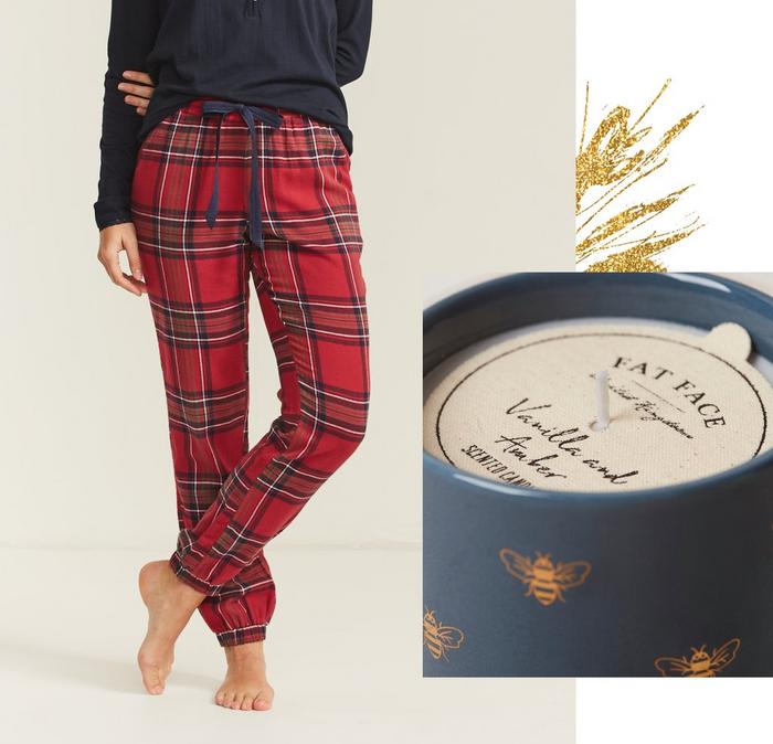 FatFace Red Check Cuffed Lounge Pants and Vanilla and Amber Bee Print Candle
