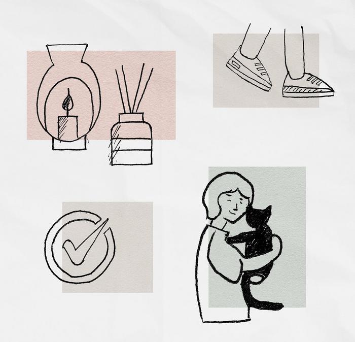 Illustrations of aromatherapy oils, walking, a check mark and cuddling a cat.