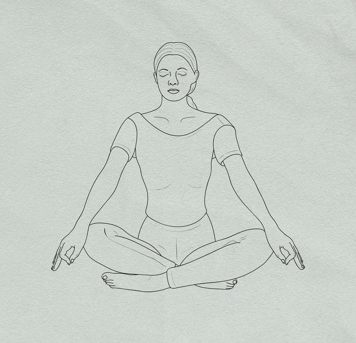 Illustration of a woman sitting cross-legged, extending her arms toward the floor.