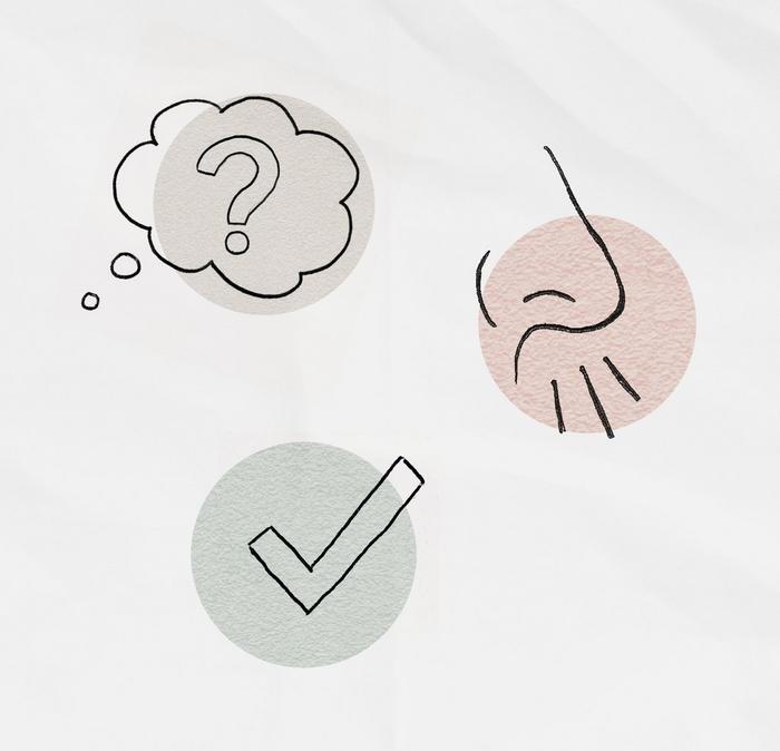 Illustrations of a question mark in a thought bubble, a nose exhaling, and a check mark.