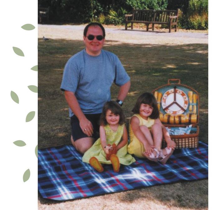 A family photo featuring Beth with her Dad & her sister, sitting on a picnic blanket.