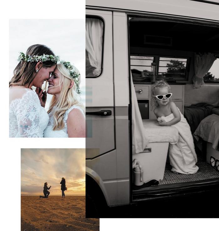 A collage of seaside memories; a couple getting married, a man proposing to a woman, a little girl in a campervan.