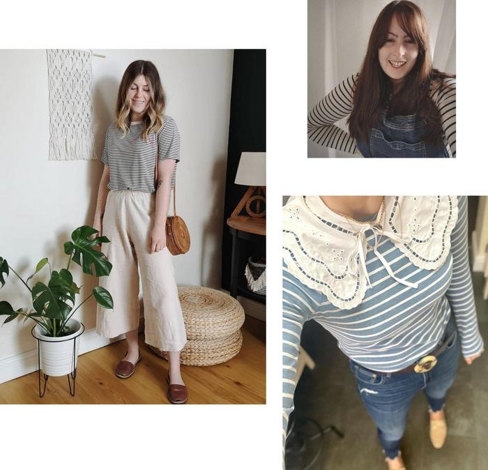 3 women showcase outfitting options for the Breton tee; worn with wide crop trousers, dungarees, or vintage embellishments.