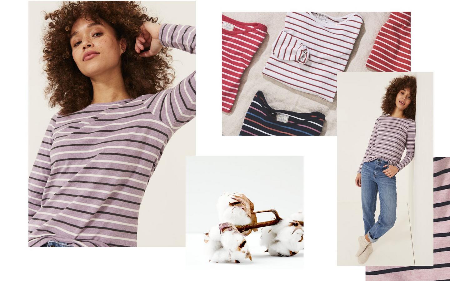 A woman wearing a long-sleeved Breton striped T-shirt with jeans, a selection of other colour options, & raw organic cotton.