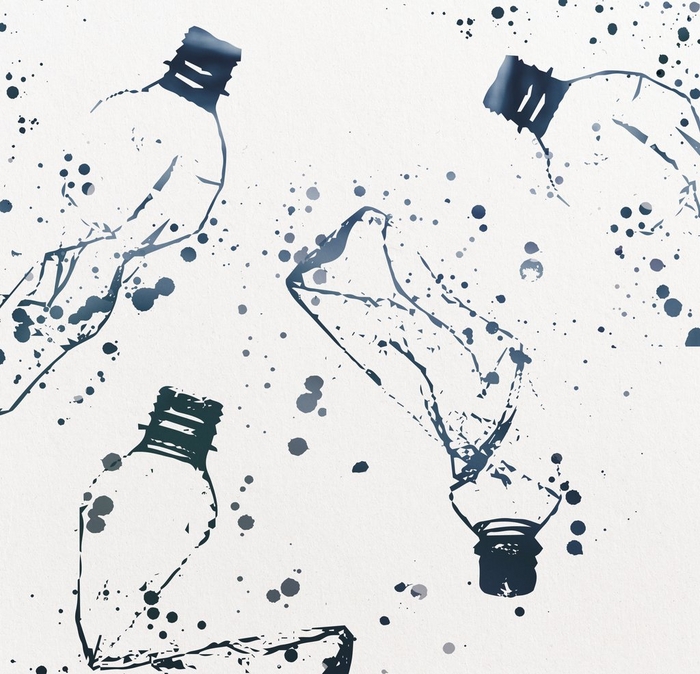 A watercolour illustration of crumpled plastic bottles.