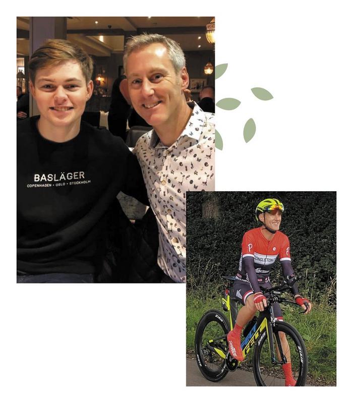 Family photos featuring dad Mick smiling with his son in a restaurant, and taking part in a cycling event.