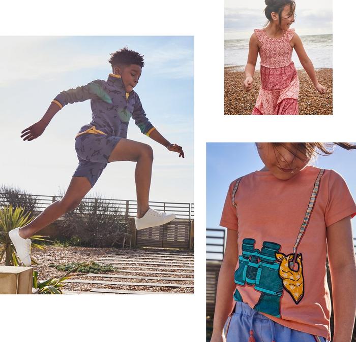 Collage of kids modelling soft, comfortable clothes, including a dress, T-shirt, sweatshirt & shorts.