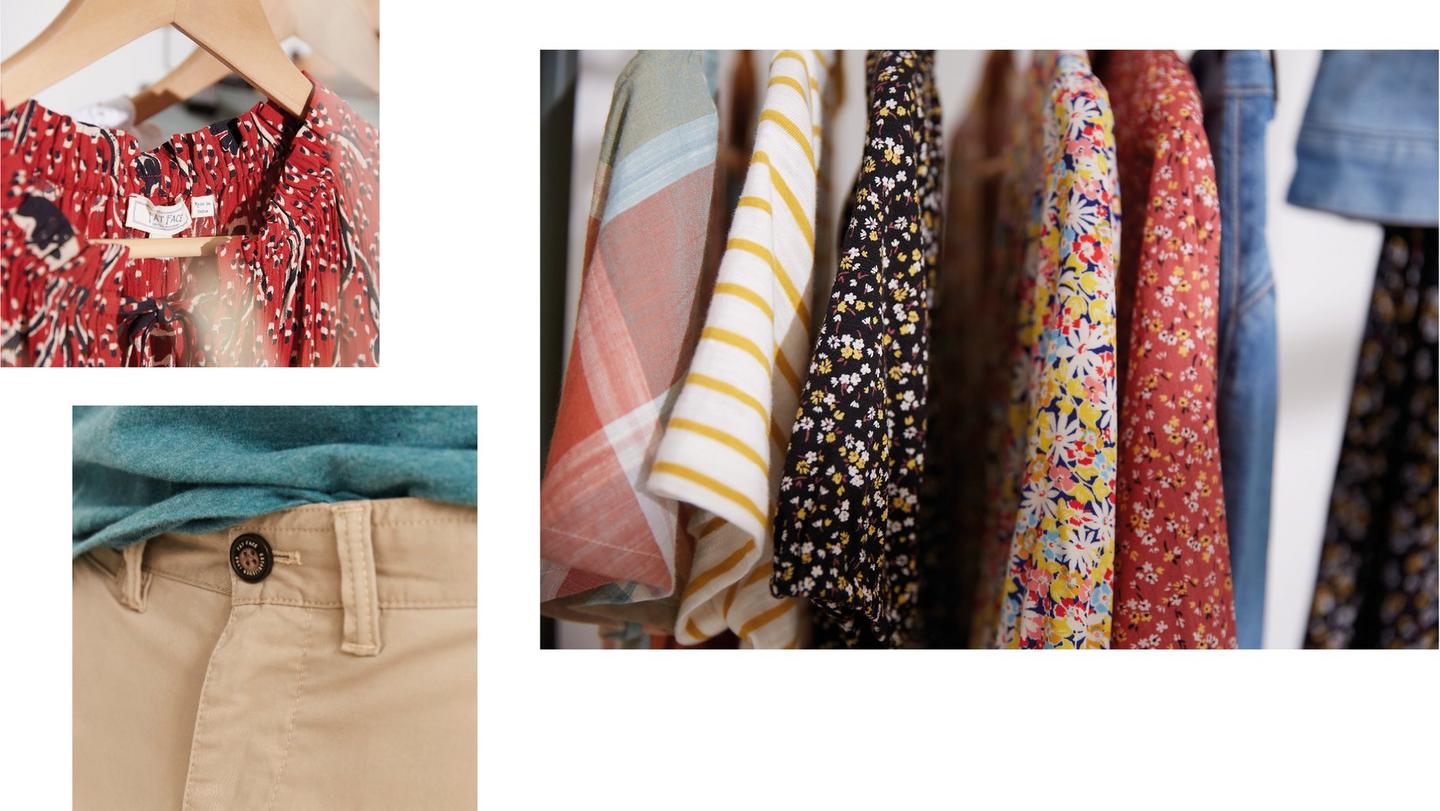 Close-ups of FatFace clothing in a variety of fabrics & prints.