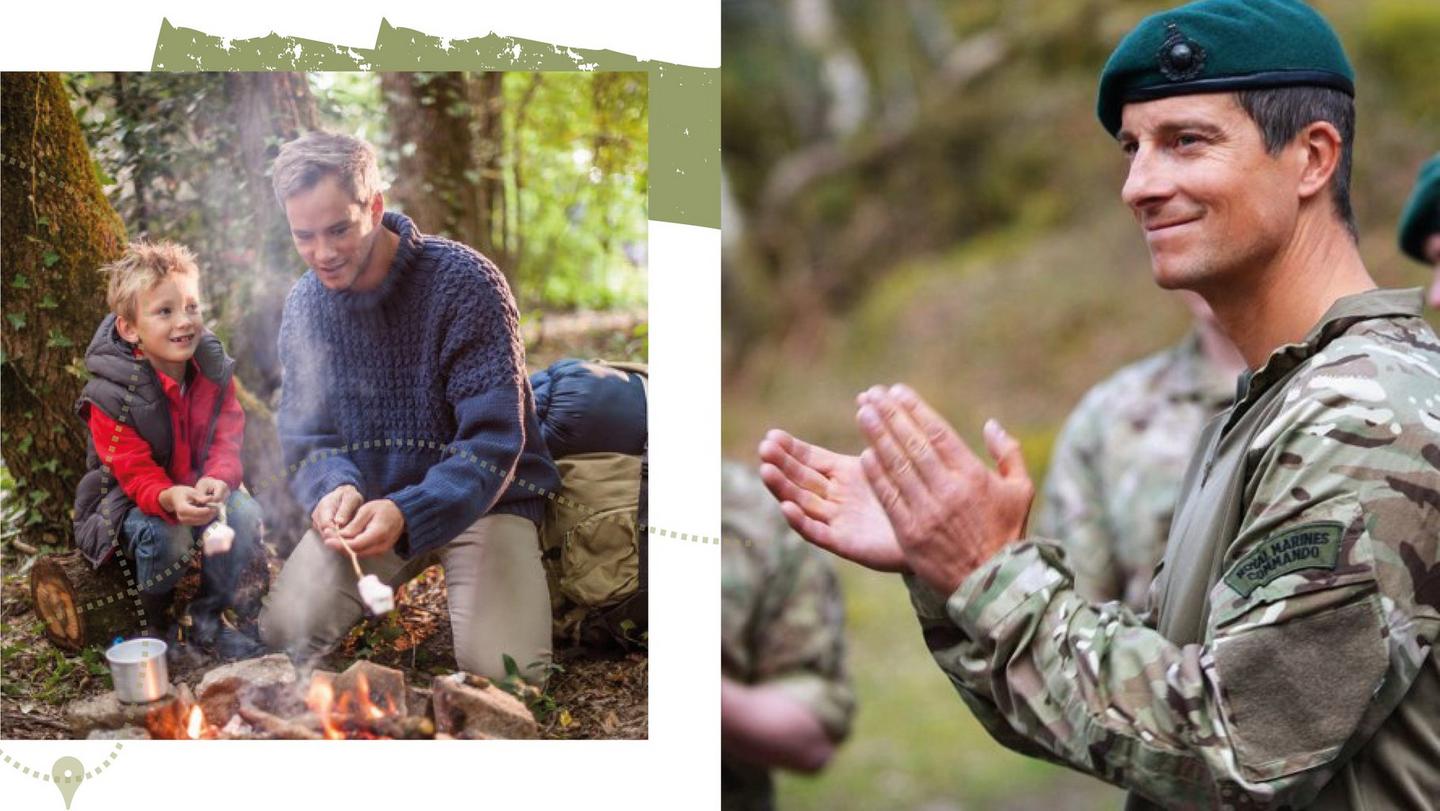 A father & son roasting marshmallows over a campfire in the woods. Bear Grylls & other men in army uniform.