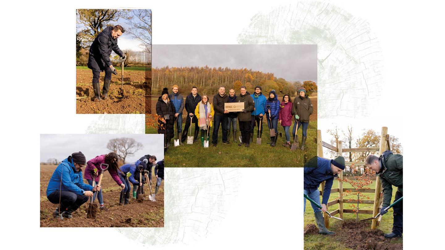 FatFace crew planting trees on a blustery autumnal day.