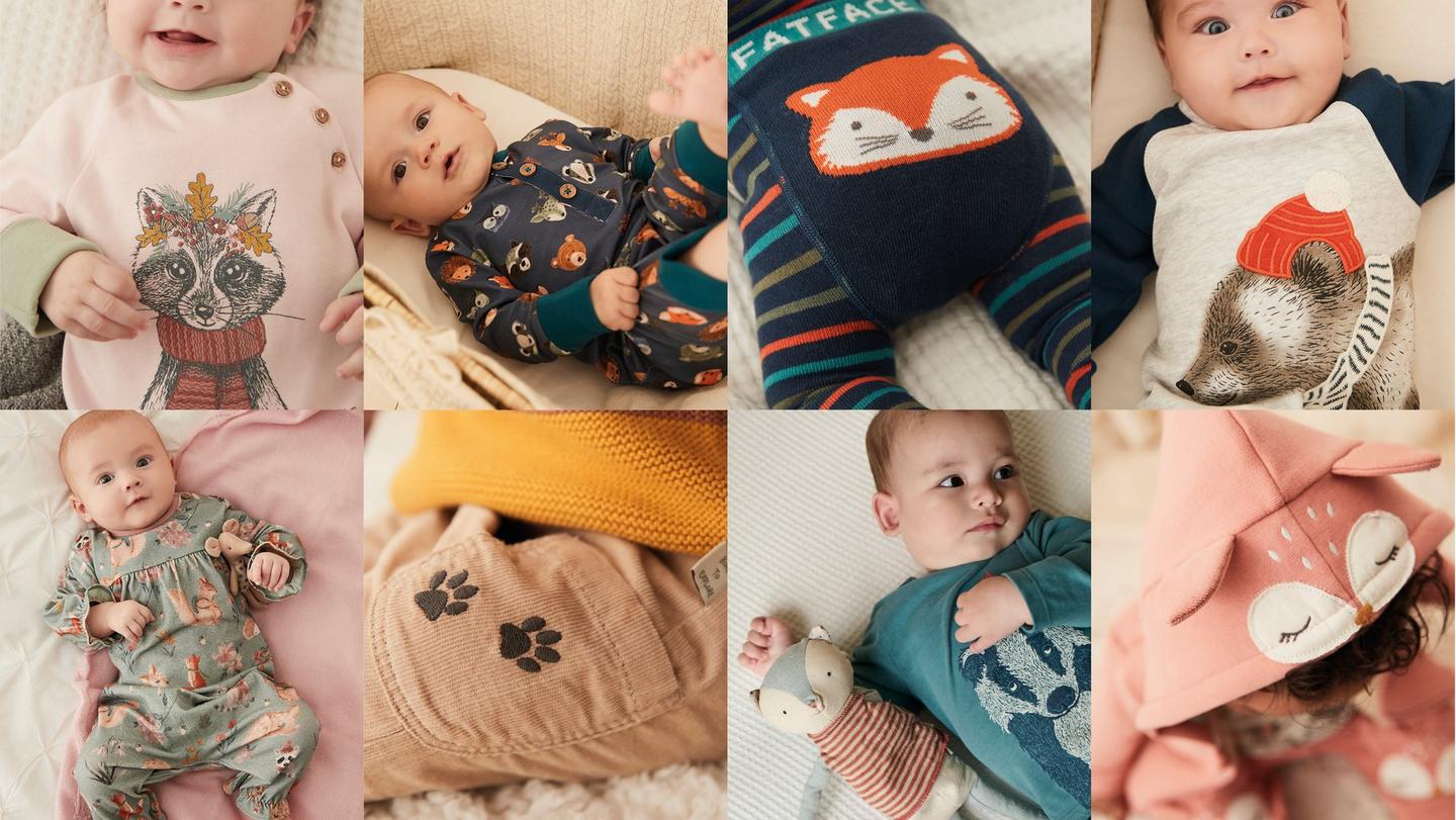 Babies wearing sleepsuits, rompers, hoodies & trousers featuring adorable woodland characters.