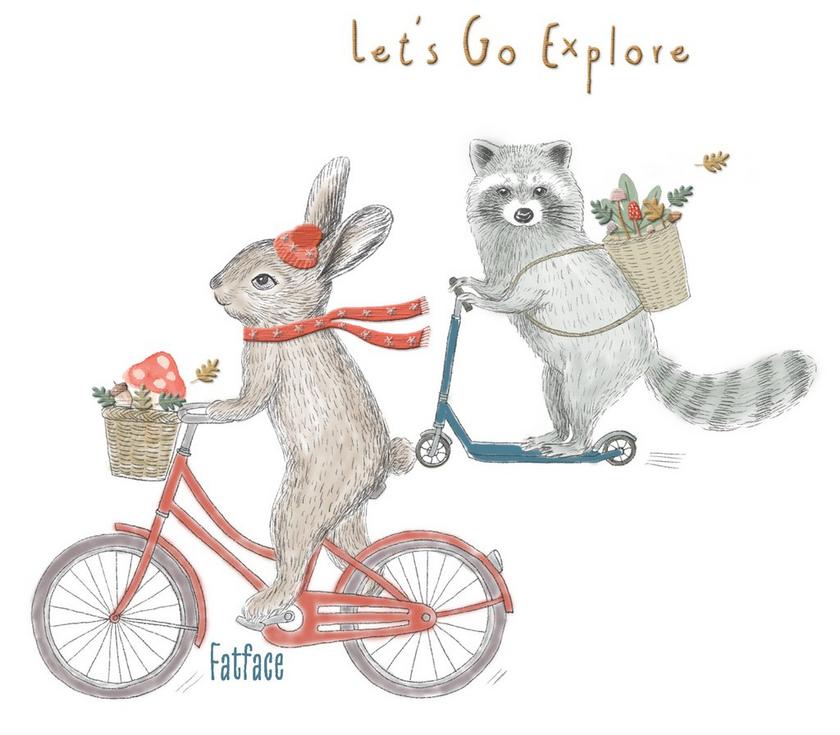 Let's go explore. Illustration of a bunny riding a bicycle & a raccoon riding a scooter.