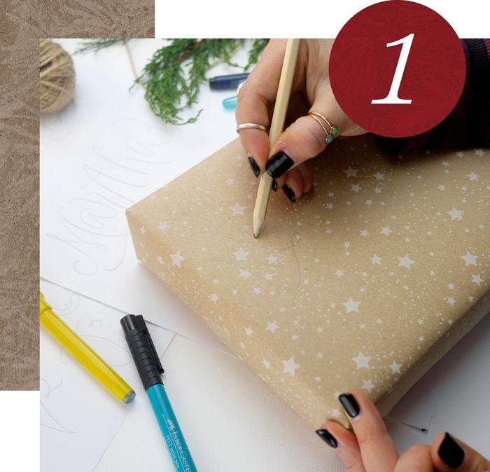 Step 1. A woman using a pencil to do calligraphy on a gift wrapped in recyclable paper.