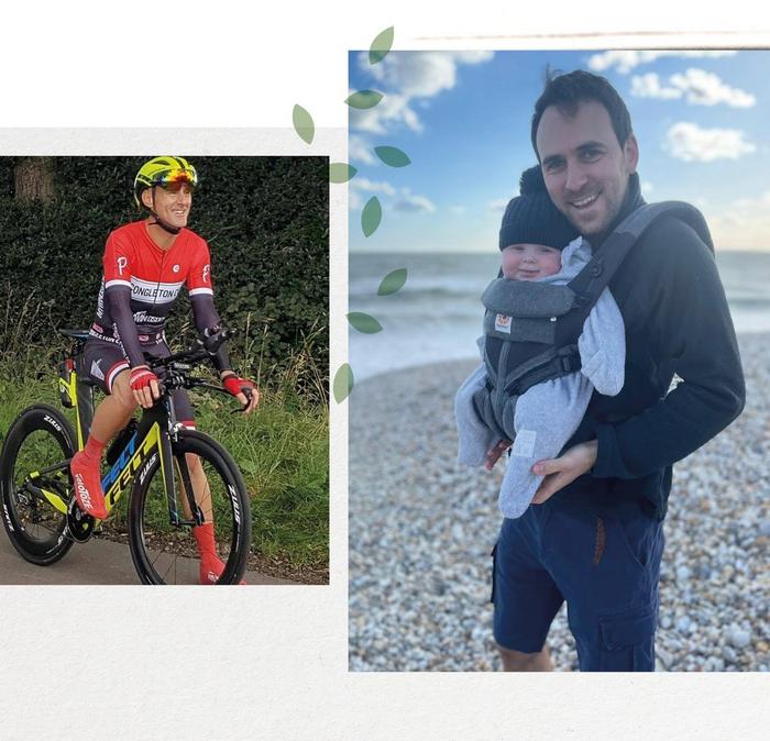 A man in full cycling gear taking part in a road race. Another man carrying a baby on his chest, on a pebbled beach.
