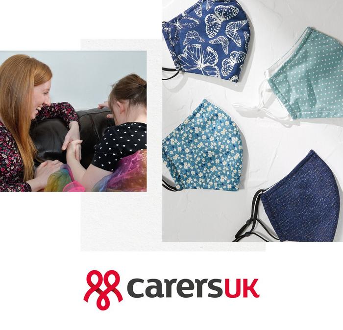 A female carer looking after a teenage girl. A selection of protective face masks.