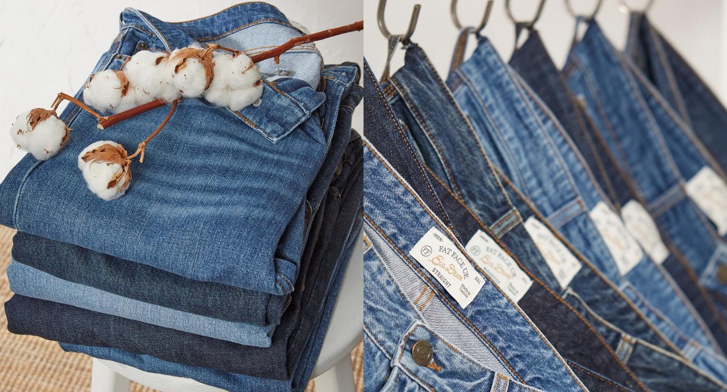 A selection of men's jeans in a variety of washes & blue hues.