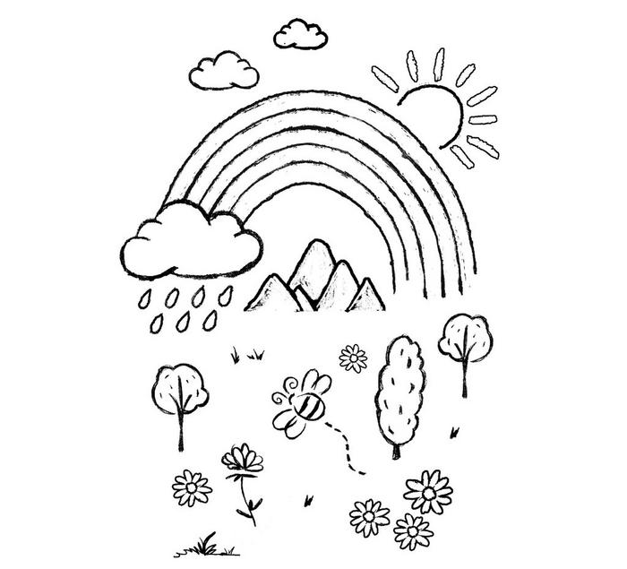 A hand-drawn nature-themed design for colouring-in, featuring a rainbow over mountains, and a bee buzzing between flowers & trees.