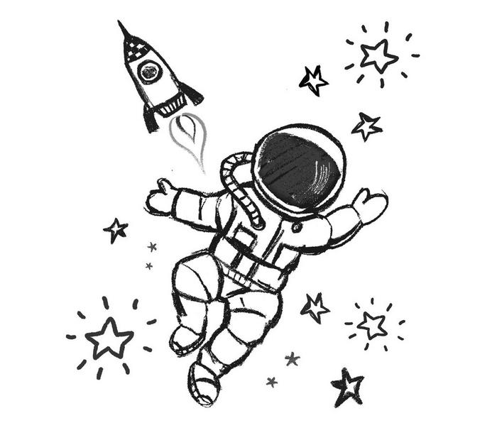 A hand-drawn space-themed design for colouring-in, featuring an astronaut in a space suit, surrounded by stars & a rocket.