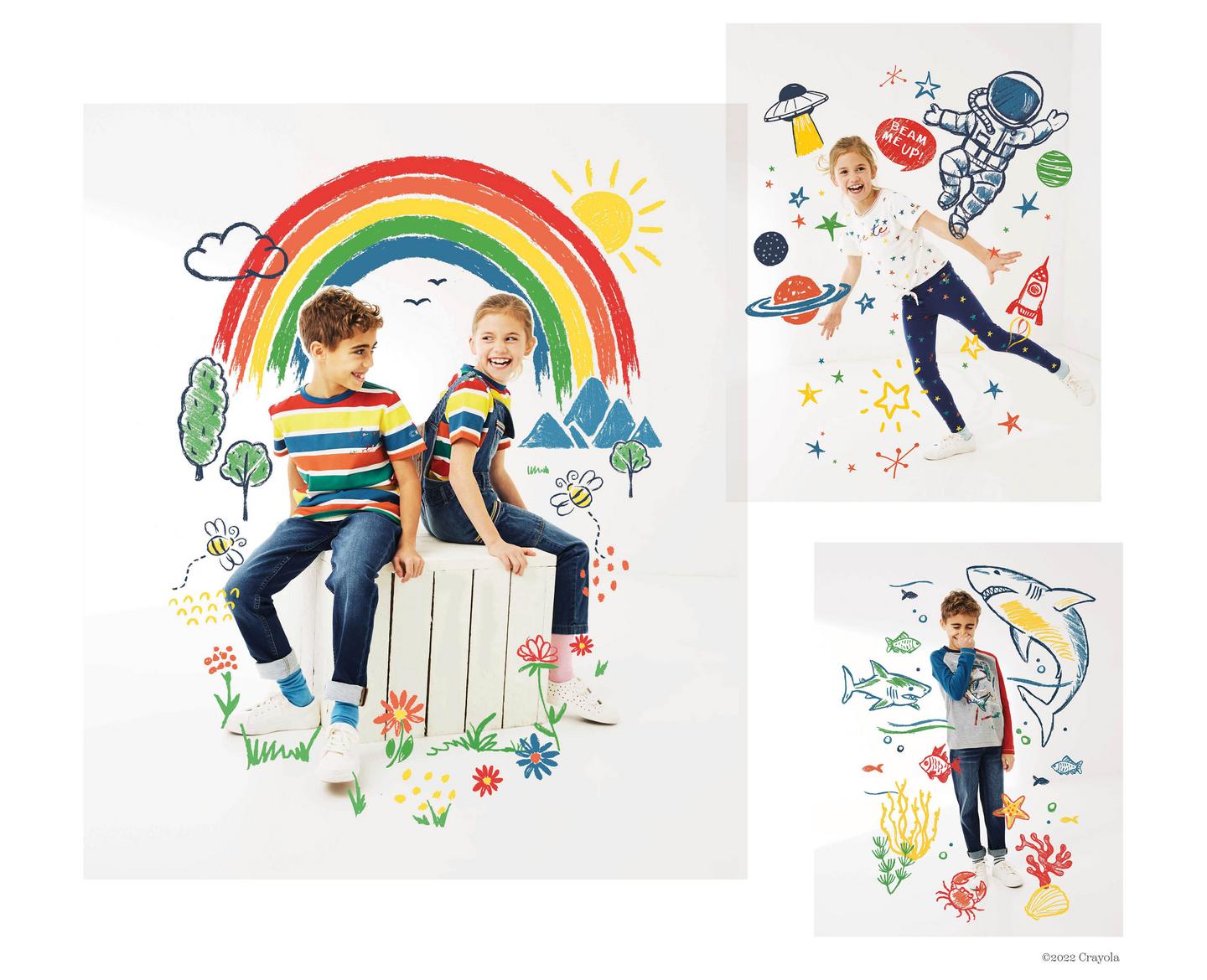 A boy & girl wearing matching rainbow striped T-shirts with blue denim jeans & dungarees, surrounded by colourful doodles.