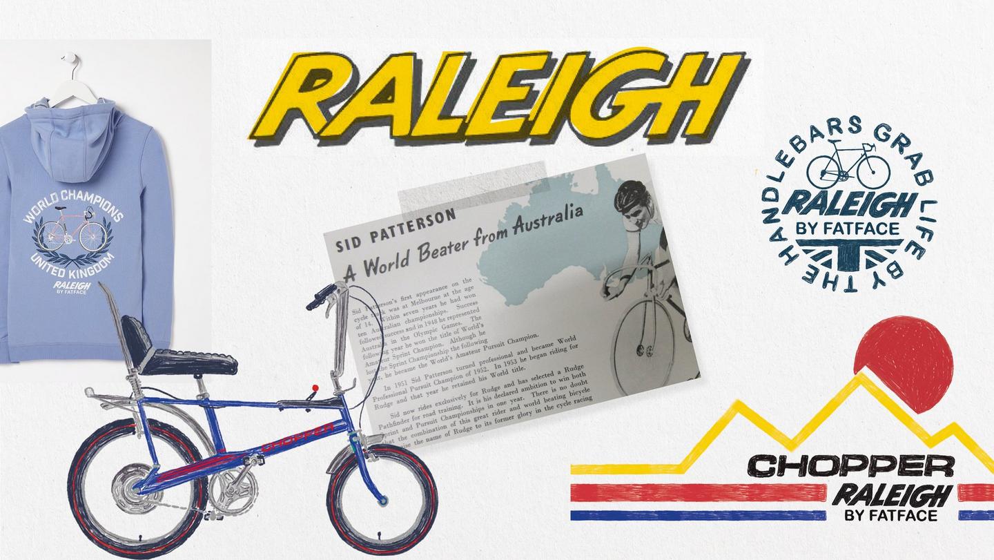 A collage featuring FatFace x Raleigh product, an illustration of a Raleigh Chopper, & an excerpt from a newspaper article.