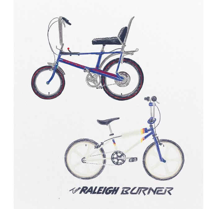 Illustrations of Raleigh's iconic 70's Chopper and 80's Burner bicycles.
