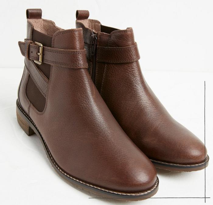 A pair of chestnut-brown leather women's ankle boots with buckle straps.